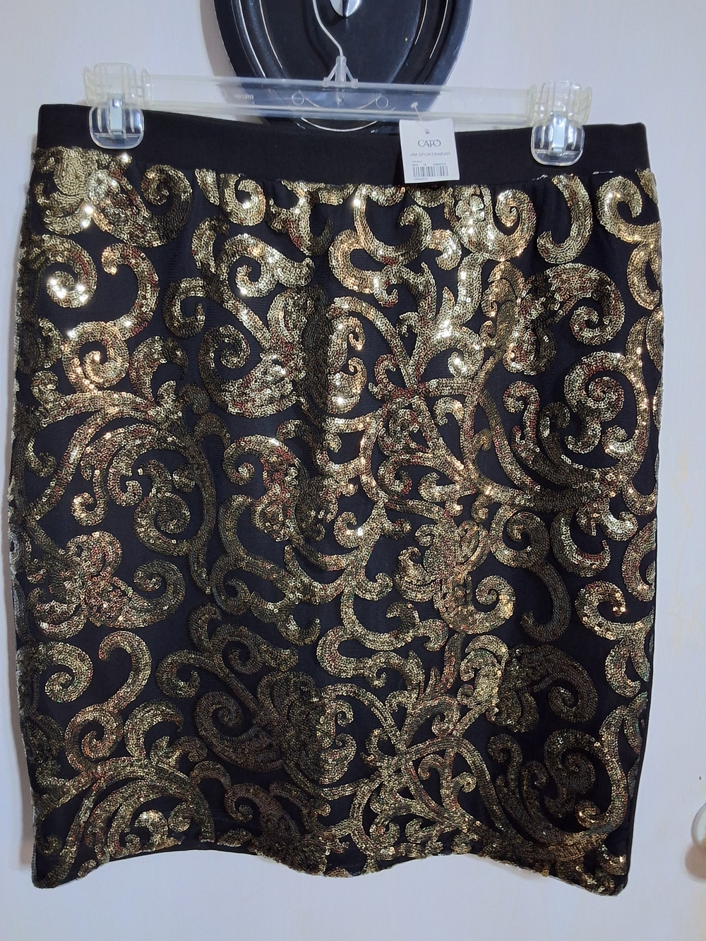 Cato Black with Gold Sequin Scroll Pencil Skirt L